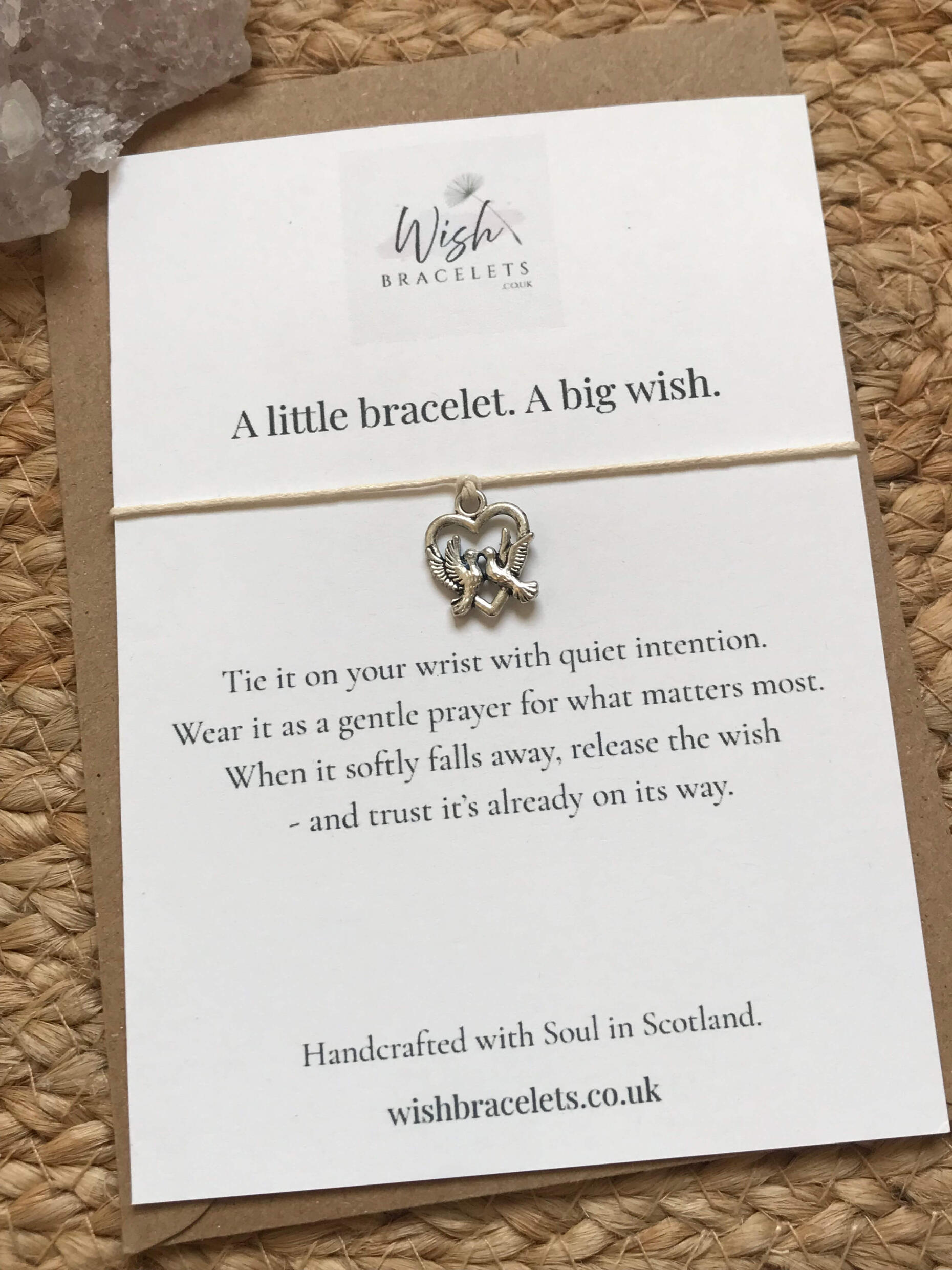 Happily Ever After Wish Bracelet love heart pair of doves wish bracelet with cream cord for wedding favours