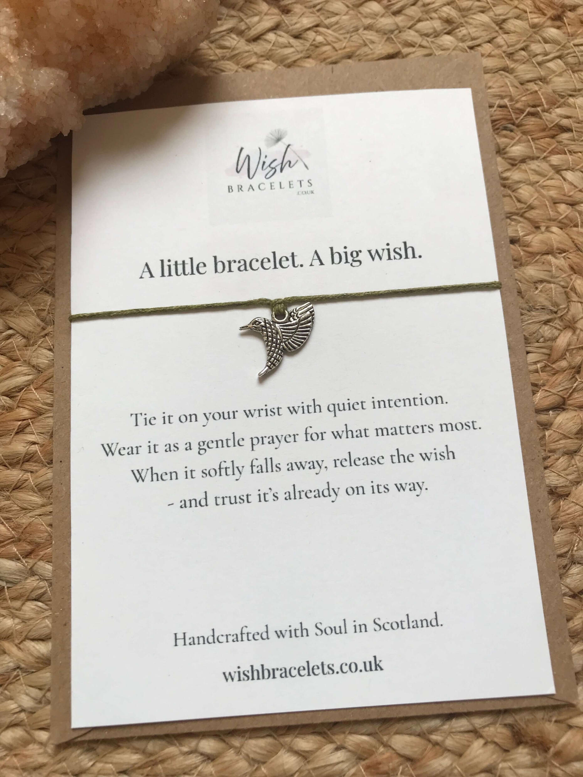 Hummingbird Happiness Wish Bracelet hummingbird happiness wish bracelet with olive green cord on wish card with recycled envelope