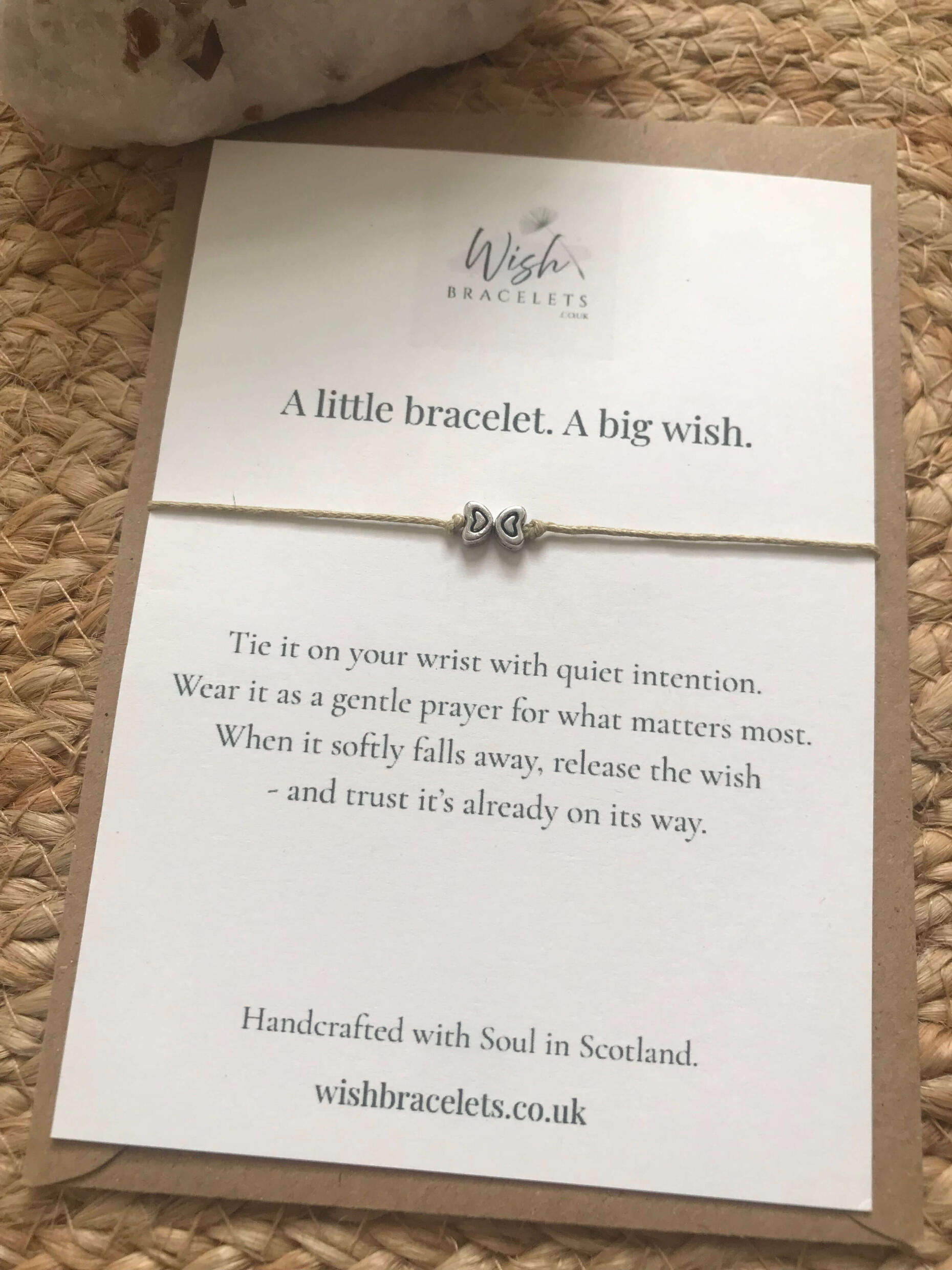 Two Hearts Together Always Wish Bracelet two love hearts wish bracelet with soft beige cord on a wish card with crystal