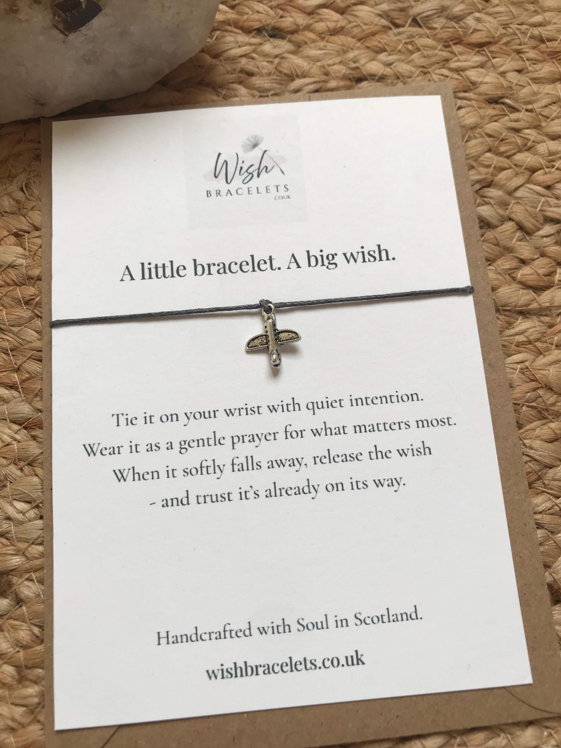 Wanderlust Wish Bracelet aeroplane travel wish bracelet with soft grey cord